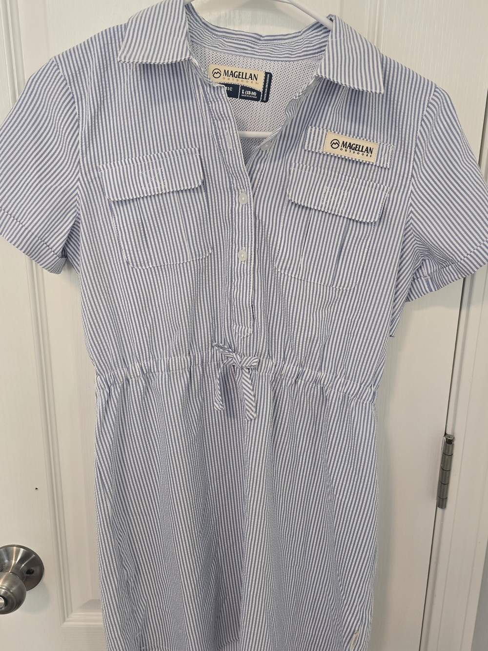 Magellan Outdoors Blue and White Striped Shirt Dress for Kids — Short Sleeve